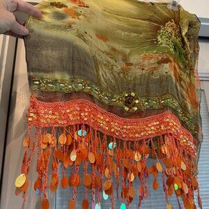 Sue Wong 100% Silk Scarf Shawl Large Green Orange Sheer Lace Hand Beaded New #6